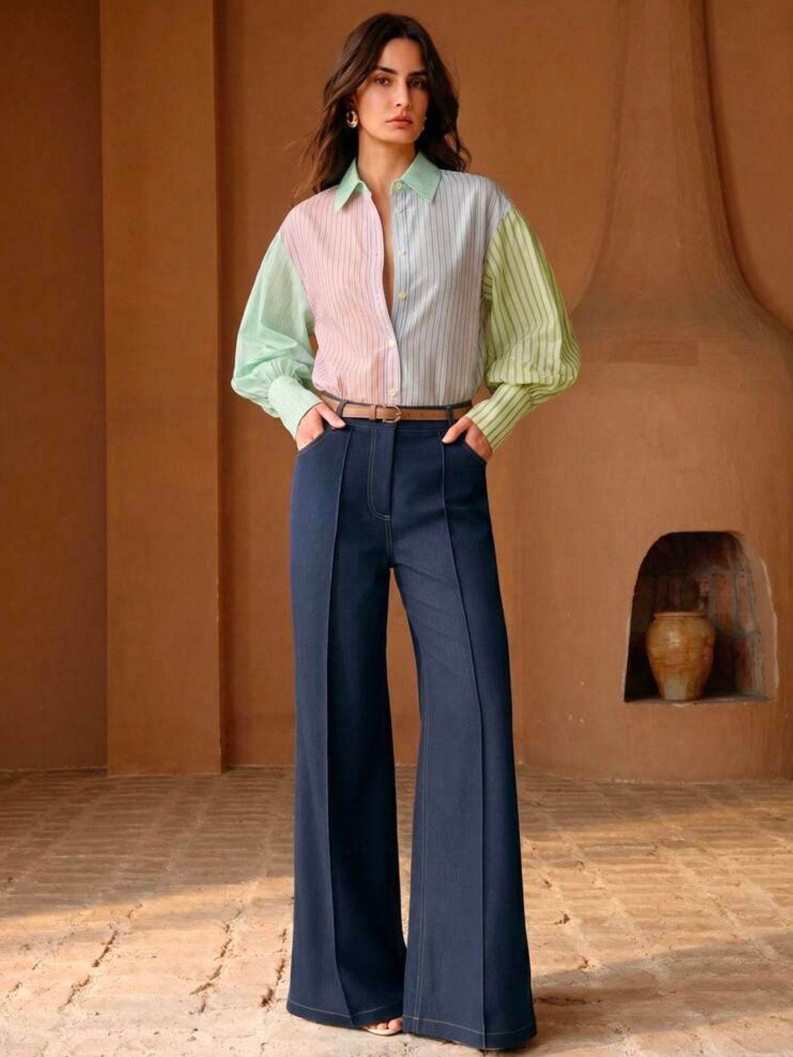 CM-TS613303 Women Elegant Seoul Style Asymmetrical Patchwork Polo Collar Lantern Sleeve Striped Shirt