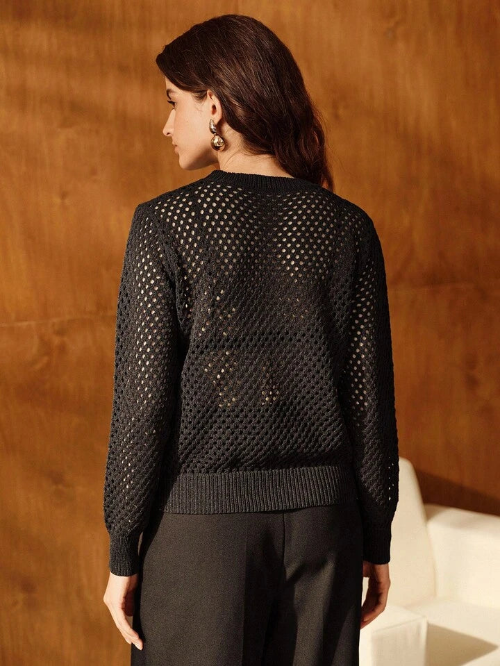 CM-CS369333 Women Elegant Seoul Style Floral Embroidery Hollow Out Crew Neck Long Sleeve Sweater - Black