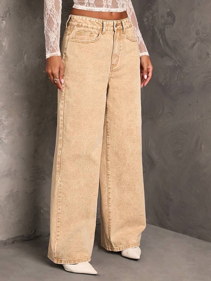 CM-BS594284 Women Casual Seouol Style Extra Long Loose Wide Leg Denim Jeans - Khaki