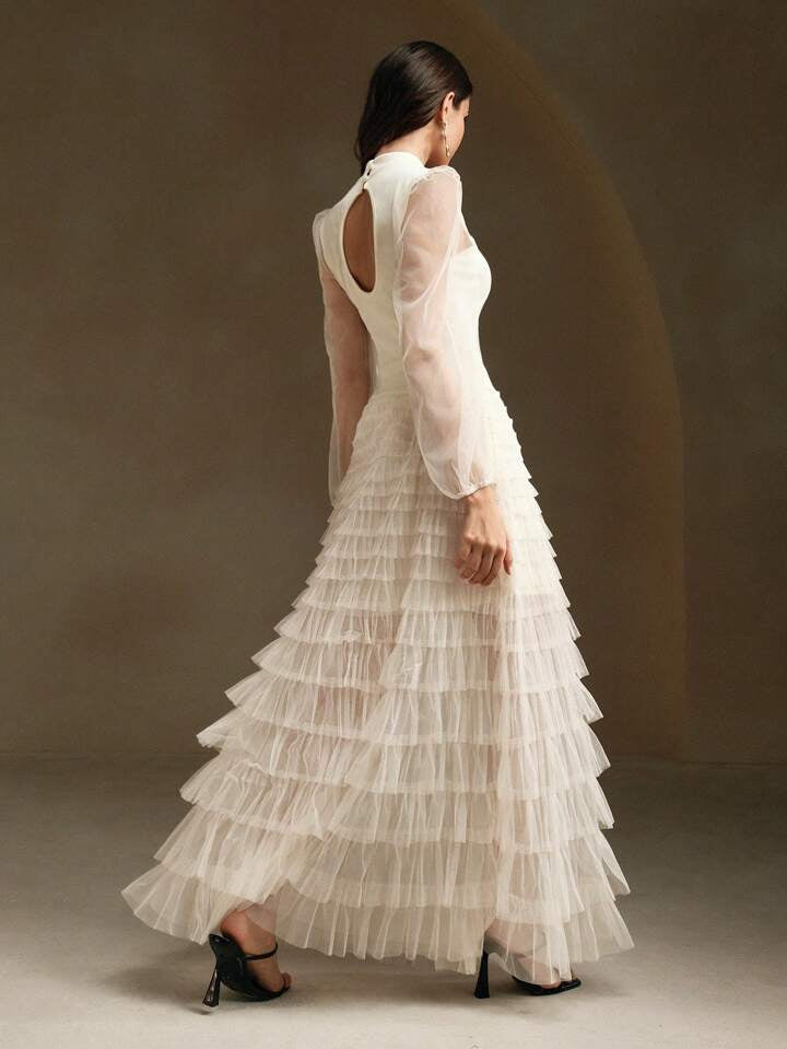 CM-DS765537 Women Elegant Seoul Style Stand Collar Long Sleeve Mesh Patchwork Layered Dress