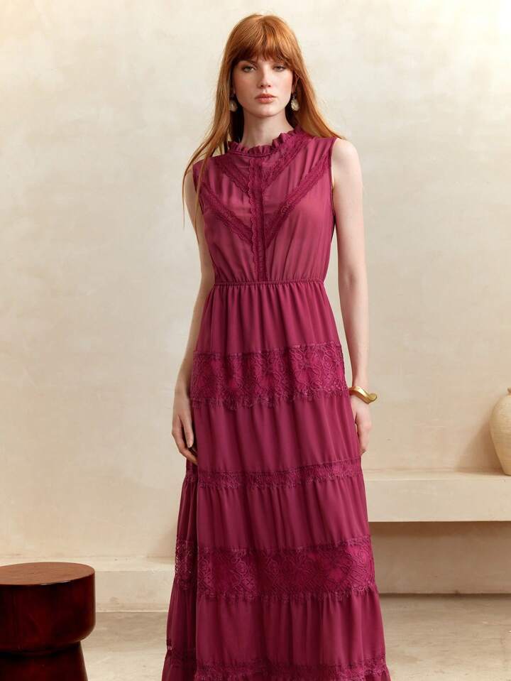 CM-DS601449 Women Trendy Bohemian Style Solid Color Patchwork Stand Collar Sleeveless Dress - Red Violet