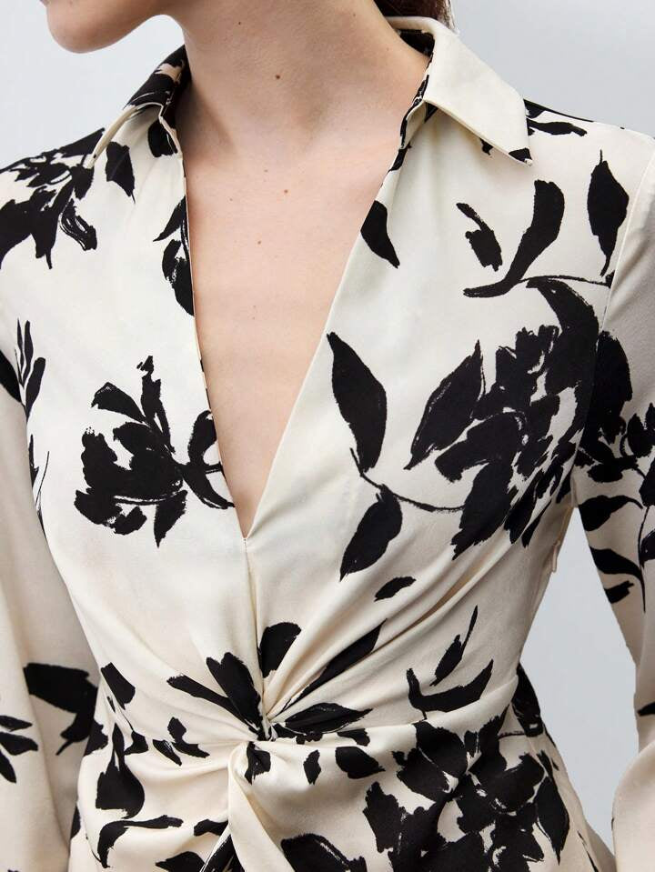 CM-DS105957 Women Casual Seoul Style V-Neck Long Sleeve Printed Twist Knot Mini Dress