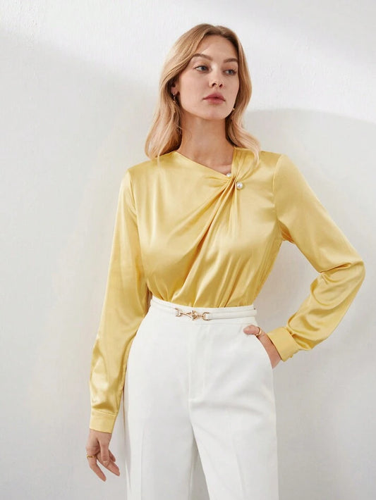 CM-TS808801 Women Elegant Seoul Style Twist Knot Long Sleeve Shirt - Yellow