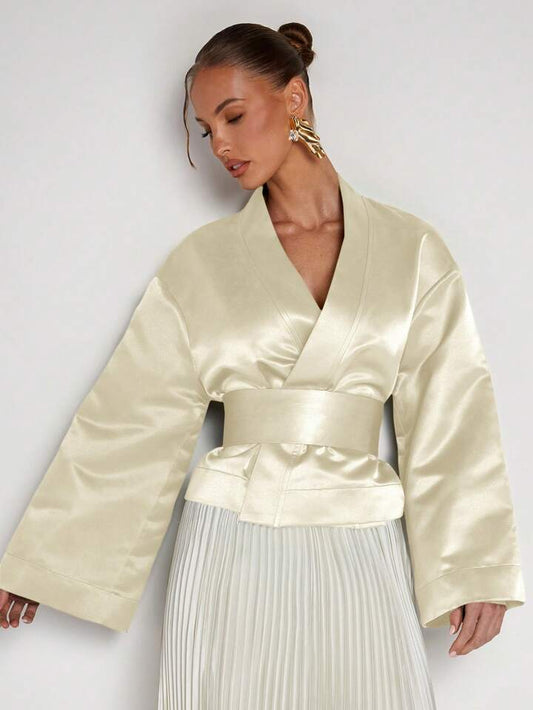 CM-TS832033 Women Elegant Seoul Style Solid Color V-Neck Wrap Flared Sleeve Blouse - Apricot