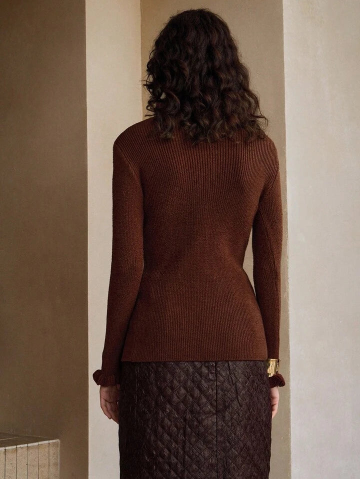 CM-CS377774 Women Elegant Seoul Style Stand Collar Long Sleeve Ruffles Knitted Sweater - Coffee Brown