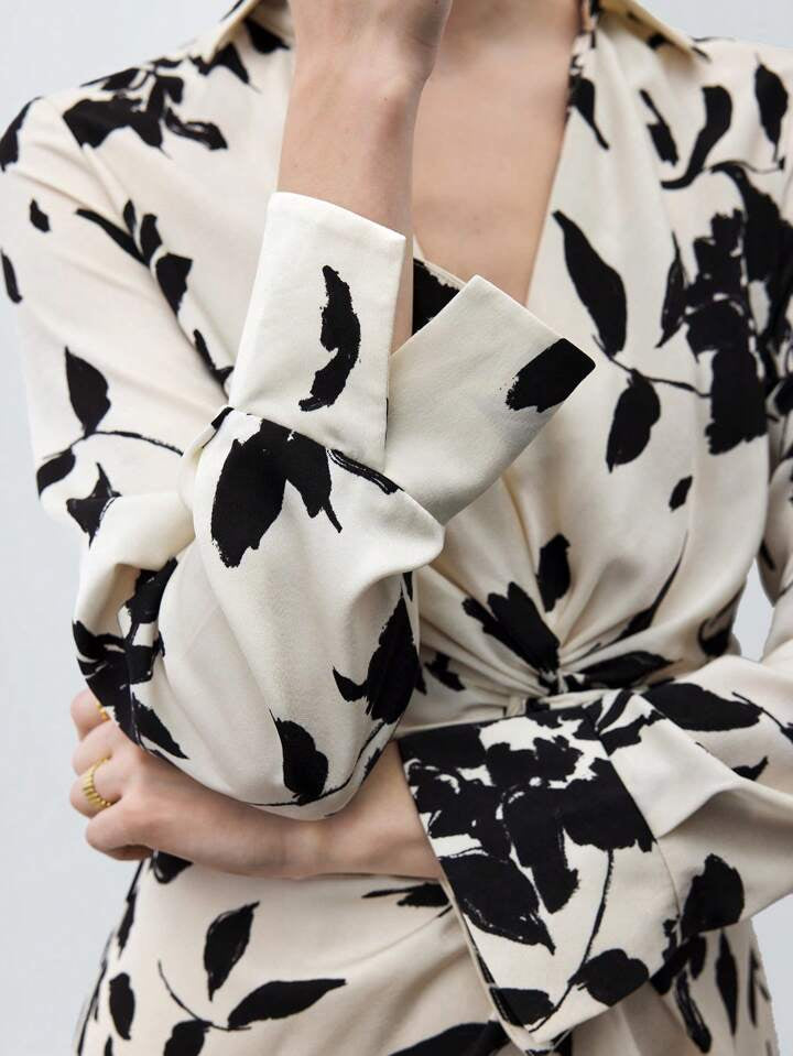 CM-DS105957 Women Casual Seoul Style V-Neck Long Sleeve Printed Twist Knot Mini Dress