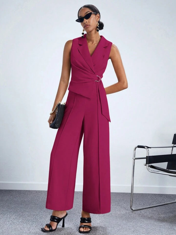 CM-JS558911 Women Elegant Seoul Style Lapel Neckline Sleeveless Wide Leg Jumpsuit - Hot Pink