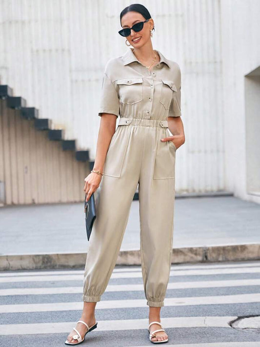 CM-JS692794 Women Casual Seoul Style Shirt Collar Pocket Short Sleeve Jumpsuit - Khaki