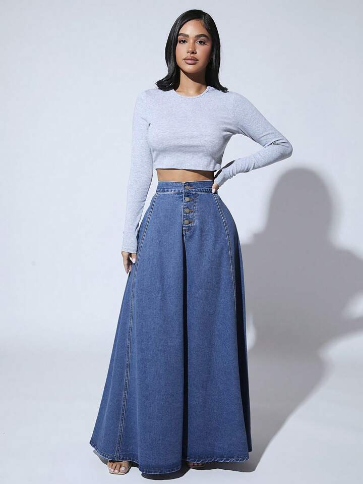 CM-BS749524 Women Casual Seoul Style Medium Wash High Waist Button Front Extra Long Denim Skirt