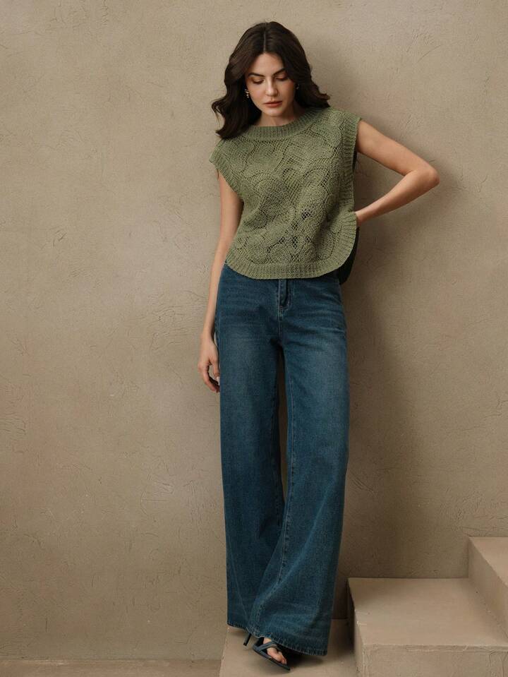 CM-TS420906 Women Casual Seoul Style Hollow Embroidered Round Neck Sleeveless Knit Top - Army Green