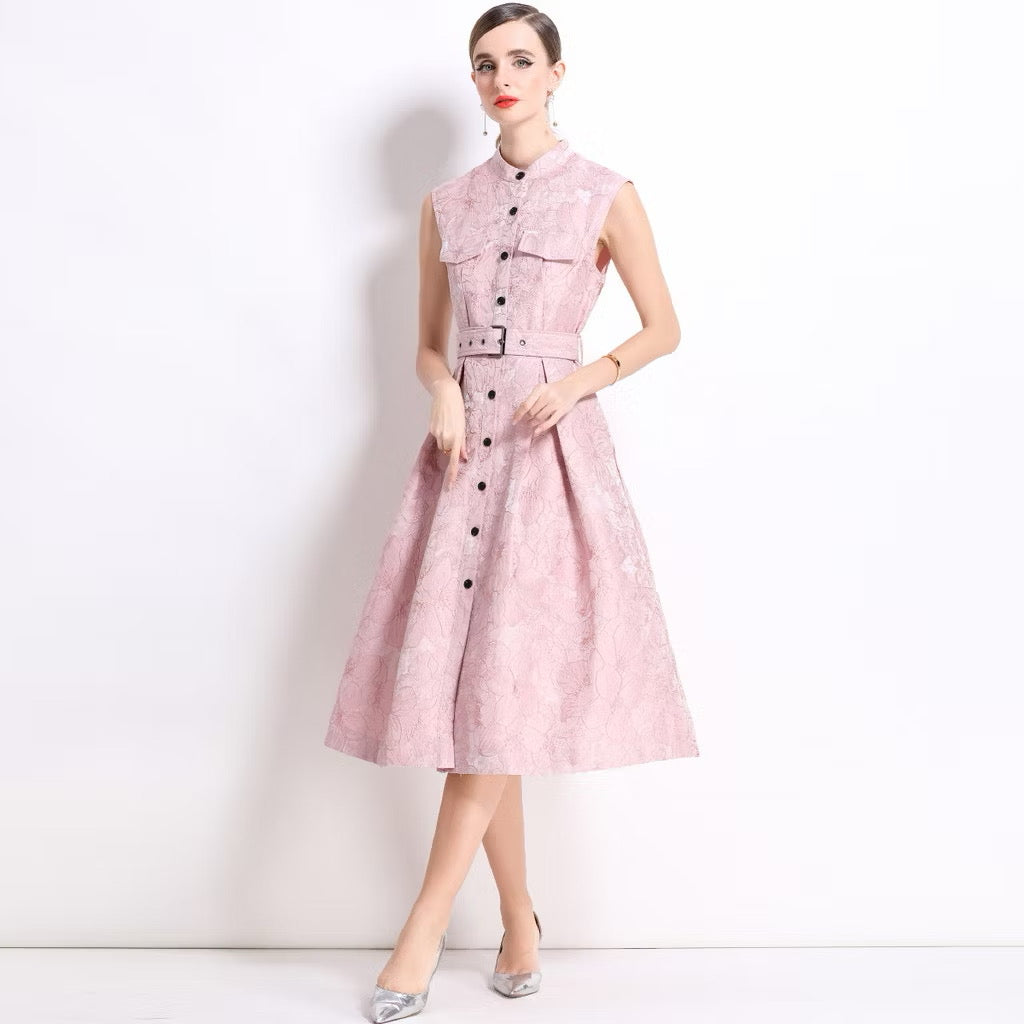 CM-DY054301 Women Elegant European Style Stand Collar Sleeveless Slim Mid-Length Dress - Pink