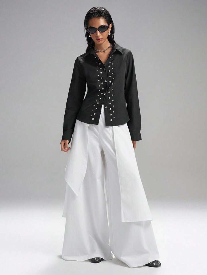 CM-BS113288 Women Casual Seoul Style Mid Waist Solid Color Loose Fit Wide Leg Pants - White