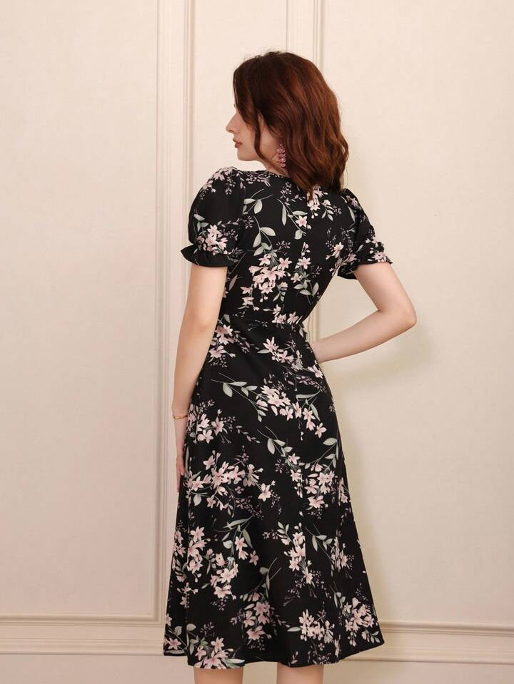 CM-DS677760 Women Trendy Bohemian Style Random Printed Short Sleeve Dress - Black