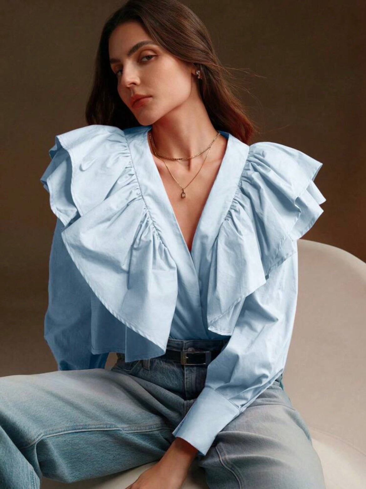 CM-TS179757 Women Elegant Seoul Style Exaggerated Ruffle V-Neck Long Sleeve Blouse - Blue