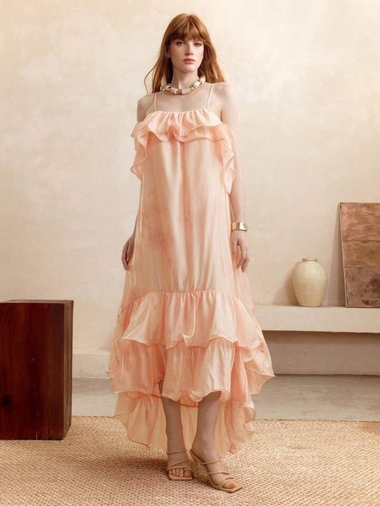 CM-DS766988 Women Trendy Bohemian Styel Oganza Tie-Dye Ombre Off-The-Shoulder Ruffle Hem Camisole Maxi Dress