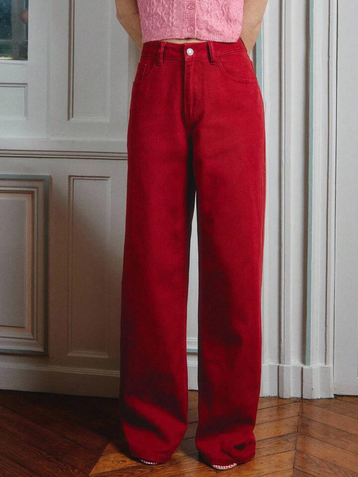 CM-BS311176 Women Casual Seoul Style Mid-Rise Fit Straight Leg Denim Trousers - Red