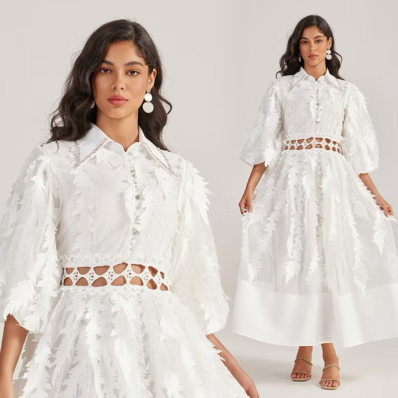 CM-DY055505 Women Elegant European Style Collar Rhinestone Neckline Half Sleeve Hollow Out Long Dress - White