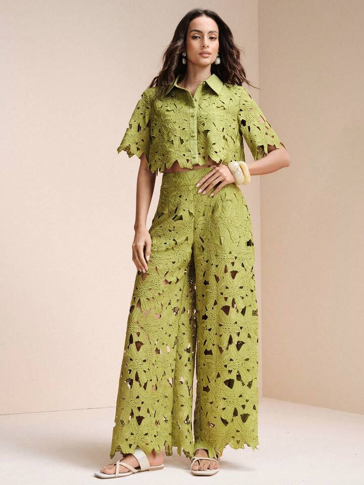 CM-SS474718 Women Trendy Bohemian Style Laser Cut Out Embroidered Short Sleeve Crop Top With Wide Leg Pants - Set