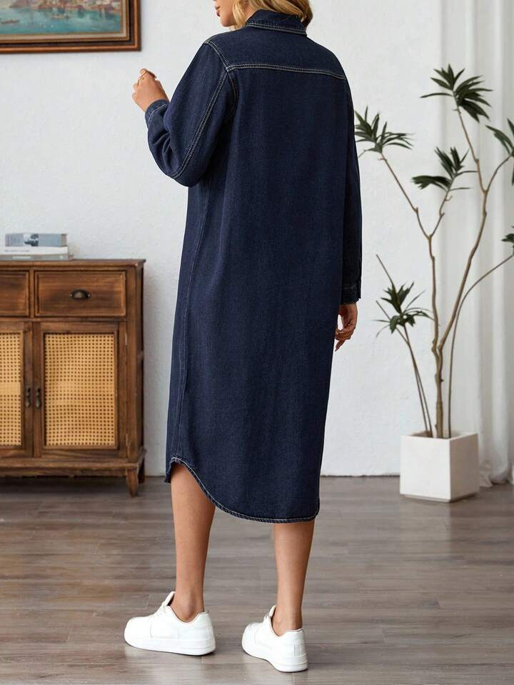 CM-DS739697 Women Elegant Seoul Style Solid Dark Wash Color Collar Neckline Long Sleeve Denim Dress