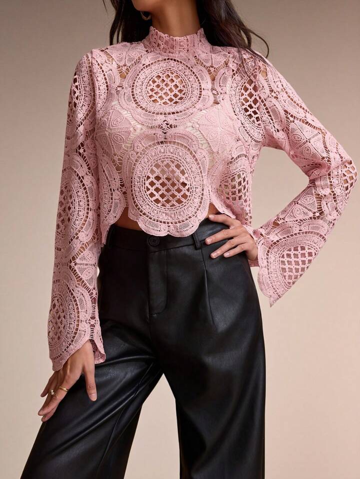 CM-TS544222 Women Casual Seoul Style Stand Collar Lace Hollow-Out See-Through Blouse - Pink