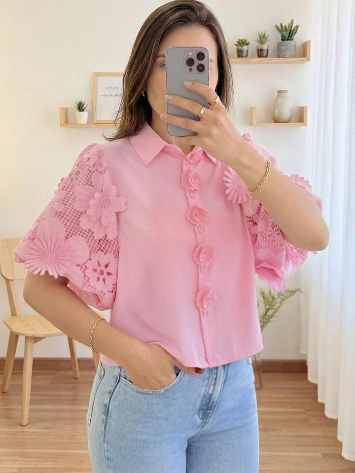 CM-TS733349 Women Elegant Seoul Style Collar Neckline Puff Sleeve Embroidered Floral Hollow-Out Shirt - Pink