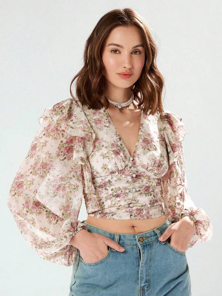 CM-TS226445 Women Casual Seoul Style Floral Print Deep V-Neck Ruffle Trim Long Sleeve Shirt