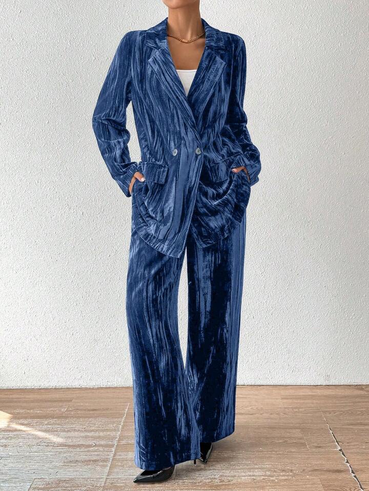 CM-SS621602 Women Elegant Seoul Style Stand Collar Long Sleeve Velvet Jacket With Straight Leg Pants Suit - Dusty Blue