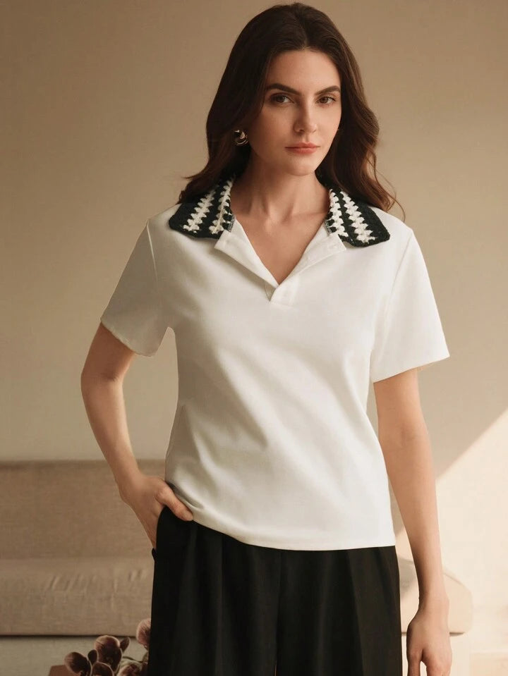 CM-TS122449 Women Casual Seoul Style Color Block Ribbed Trim Short Sleeve T-Shirt - White