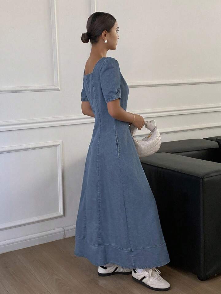 CM-DS733777 Women Casual Seoul Style Square Neck Puff Sleeve Waist Cinched Denim Dress - Blue