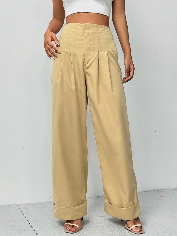 CM-BS628128 Women Casual Seoul Style High Waist Loose Foldover Wide Leg Pants - Khaki