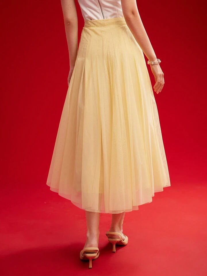 CM-BS708014 Women Elegant Seoul Style Mid Waist Contrast Mesh Flared Skirt - Yellow