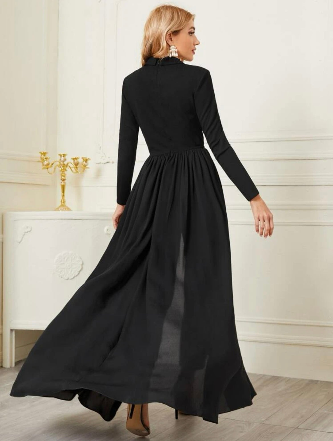 CM-JS120901 Women Elegant Seoul Style Lapel Collar Solid Shirt Jumpsuit With Skirt - Black