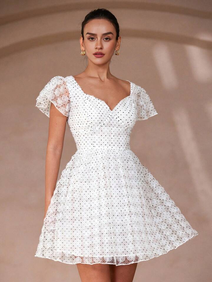 CM-DS996707 Women Elegant Seoul Style Organza See-Through Polka Dot Cap Sleeve Elastic Waist Short Dress