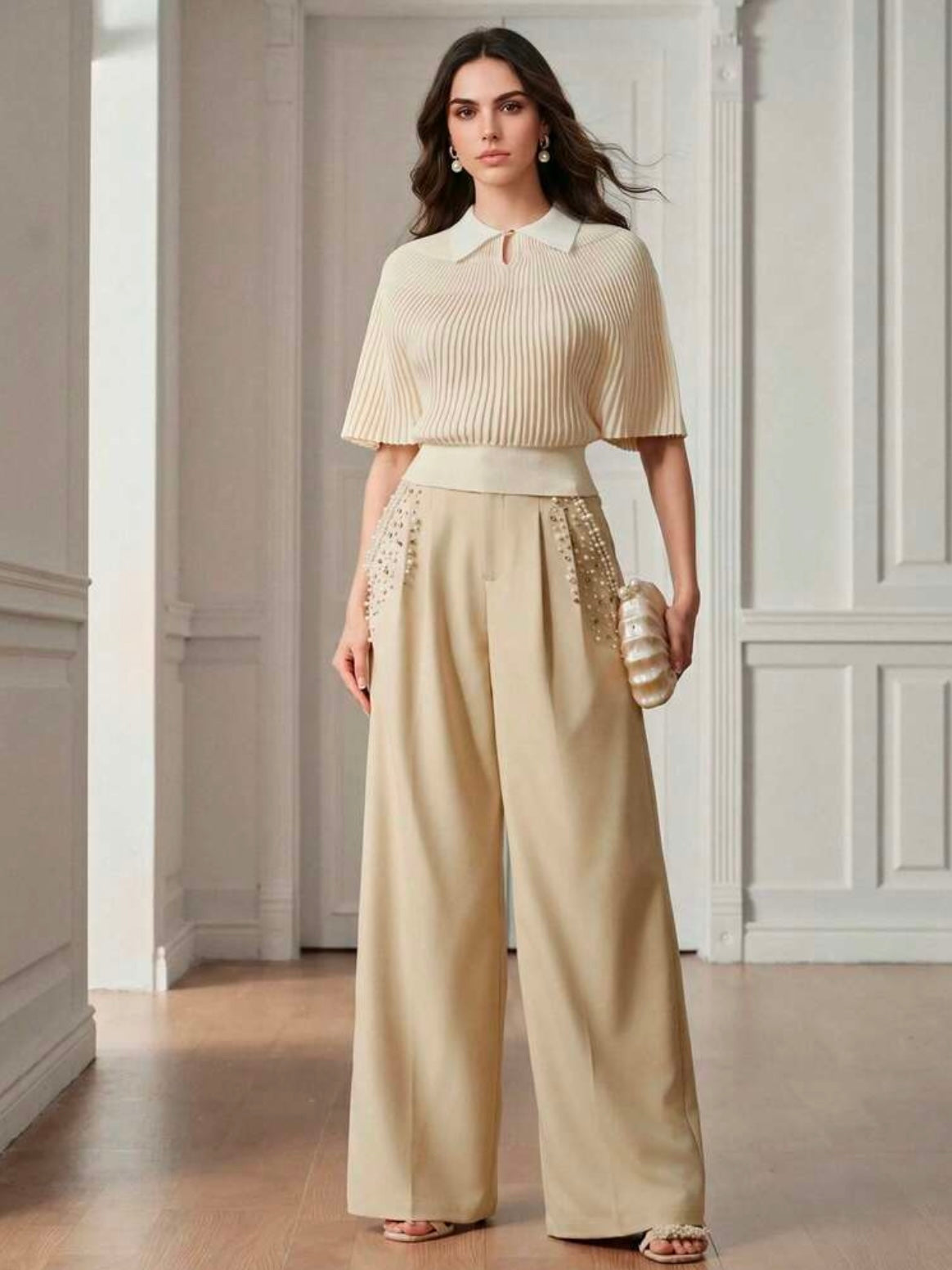 CM-TS412715 Women Elegant Seoul Style Collar Neckline Knit Short Sleeve Pleated Top - Light Yellow
