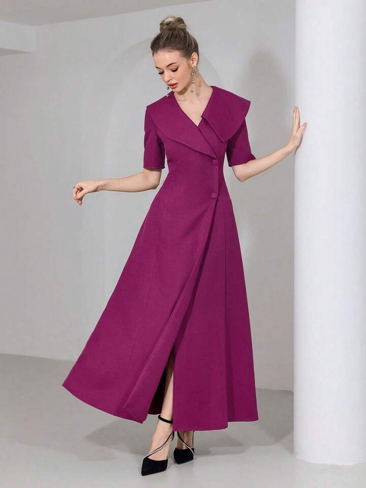 CM-DS772423 Women Elegant Seoul Style Solid Color V-Neck Short Sleeve Front Button Long Dress