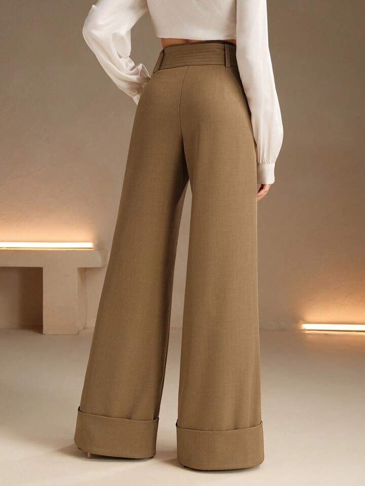 CM-BS011306 Women Elegant Seoul Style High Waist Belted Wide Leg Pants - Khaki