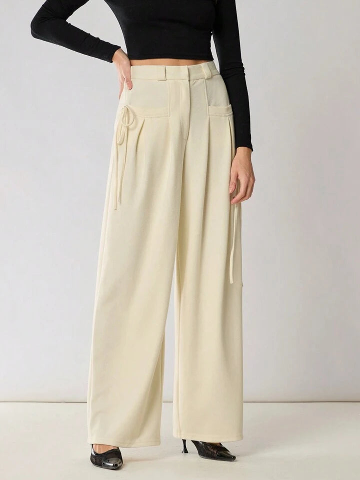 CM-BS518013 Women Casual Seoul Style Solid Color Drawstring Pocket Minimalist Pants - Apricot