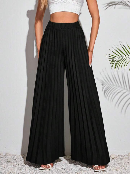 CM-BS115564 Women Trendy Bohemian Style Elastic Waist Pleated Extra-Long Wide-Leg Pants - Black