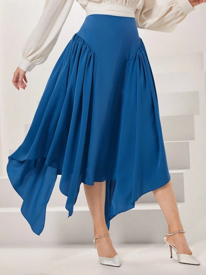 CM-BS168235 Women Elegant Seoul Style Solid Color Asymmetric Hem Skirt - Blue