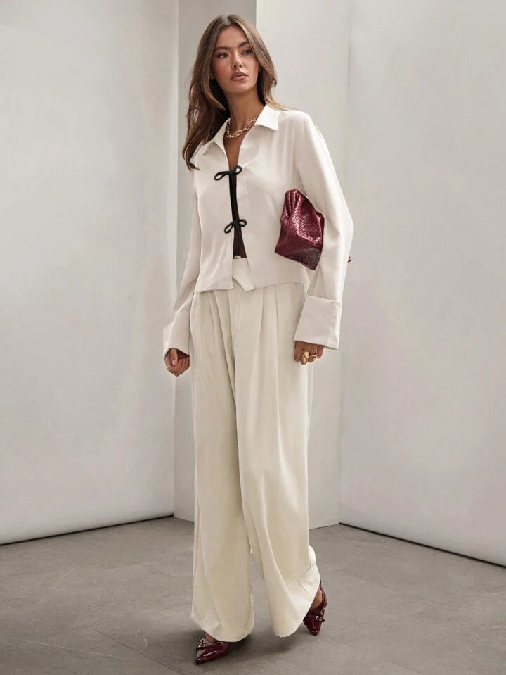 CM-TS523311 Women Trendy Bohemian Style Shirt Collar Front Tie Long Sleeve Shirt - Cream