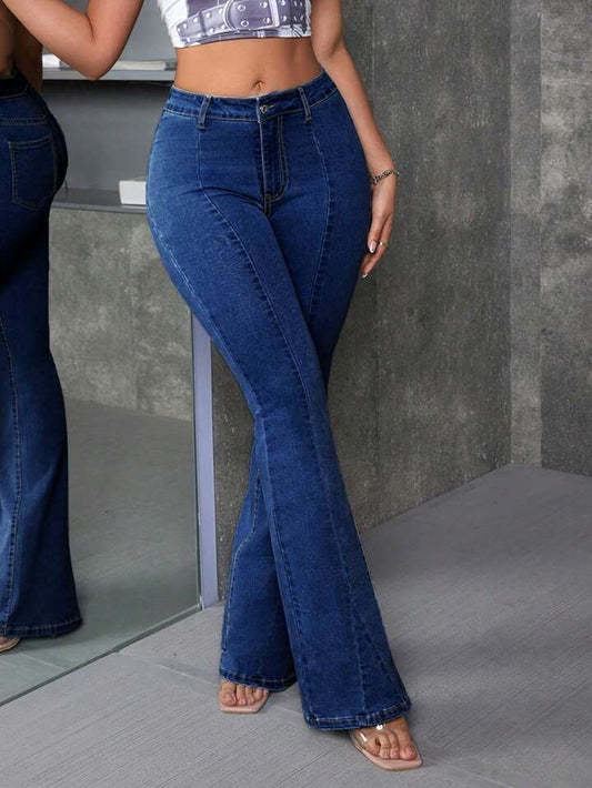 CM-BS888226 Women Preppy Seoul Style Dark Washed Denim Bell-Bottom Flare Leg Pants