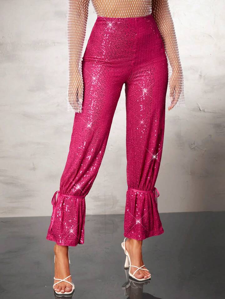 CM-BS555022 Women Elegant Seoul Style Sparkly Sequin Ruffle Hem Trousers - Pink