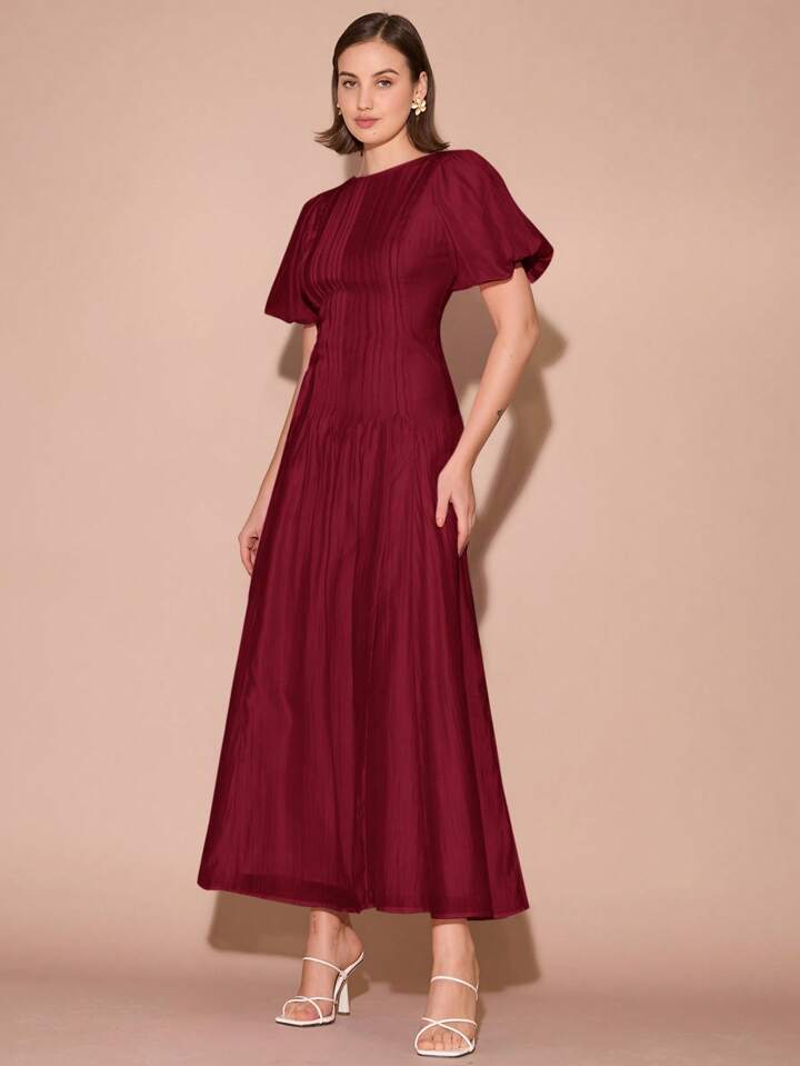 CM-DS101609 Women Elegant Seoul Style Round Neck Bubble Pleat Puff Long Sleeve Maxi Dress - Burgundy