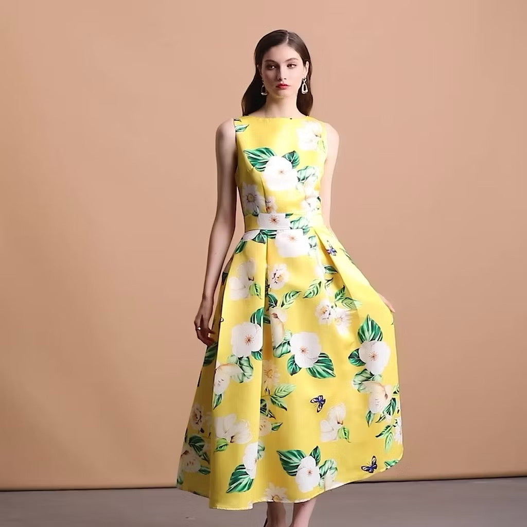 CM-DY054106 Women Elegant European Style Round Neck Sleeveless High Waist A-Line Mid-Length Dress - Yellow