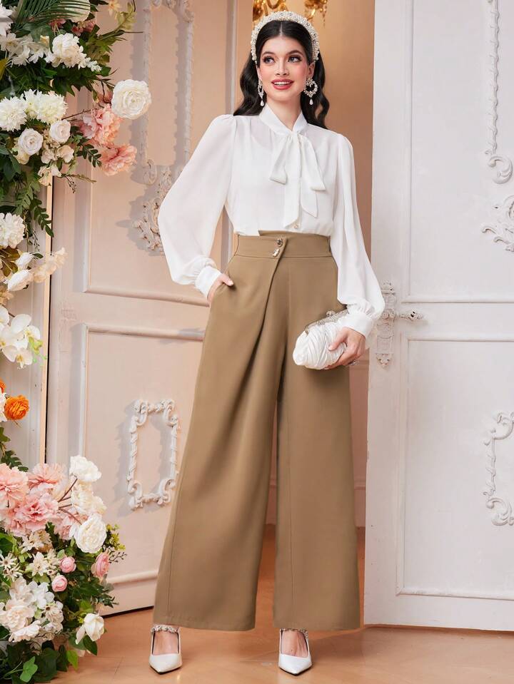 CM-BS078747 Women Elegant Seoul Style Ultra High Waist Solid Color Wide Leg Trousers