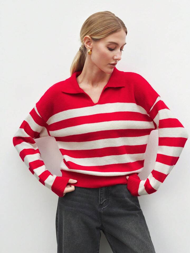 CM-CS176649 Women Casual Seoul Style Stripe Collar Neckline Drop Shoulder Long Sleeve Sweater - Red