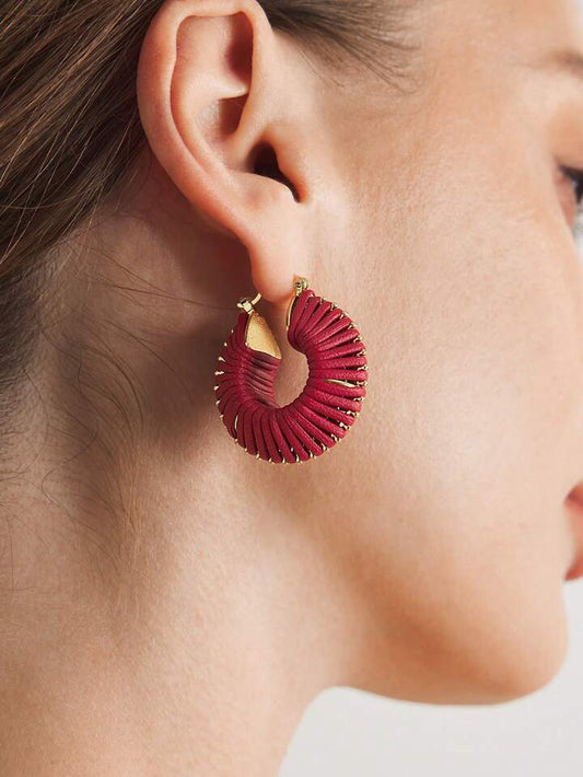 CM-AXS885823 Women Trendy Seoul Style 18K Gold Plated Red PU Leather Braided Hoop Earrings