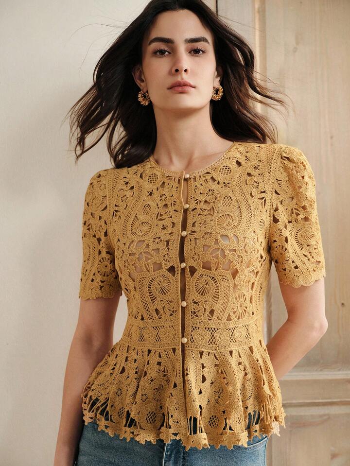 CM-TS411908 Women Casual Seoul Style Round Neck Short Sleeve Hollow Floral Patterned Waist A-Line Knit Top - Yellow