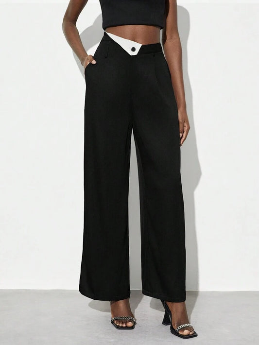 CM-BS867676 Women Elegant Seoul Style Colorblock Asymmetrical High Waist Pants - Black