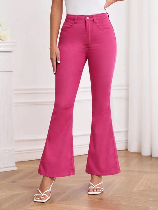 CM-BS476121 Women Casual Seoul Style High Waist Flare Leg Jeans - Hot Pink